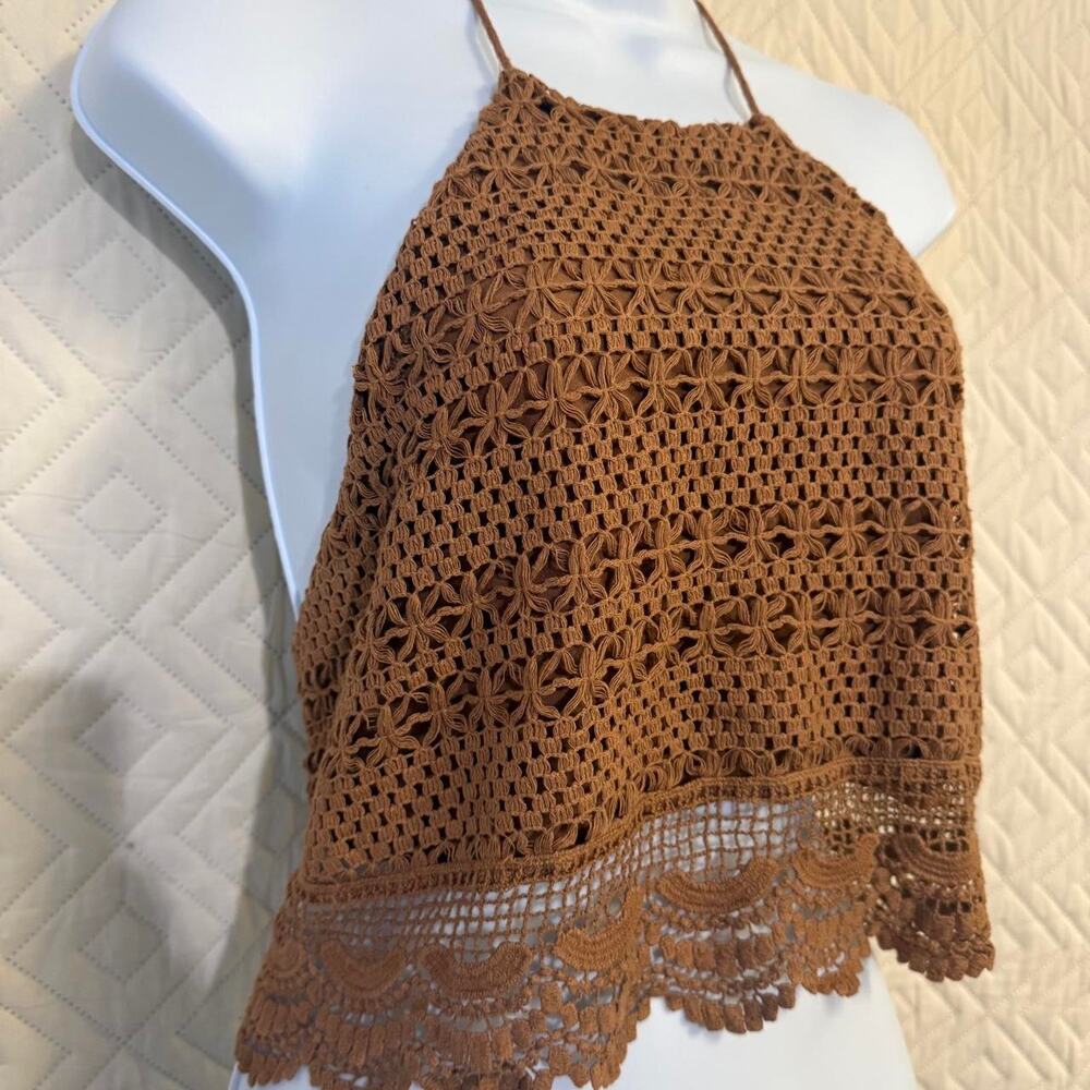Brown crochet halter crop top adjustable tie back coachella boho festival